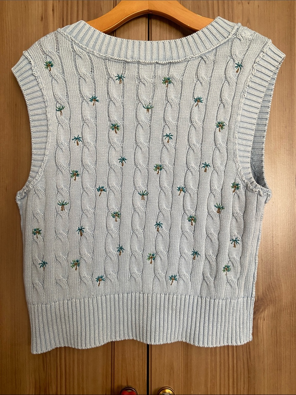 Free People Plumeria Palm Tree Sky Blue Cotton Sweater Vest M EUC - Picture 4 of 6